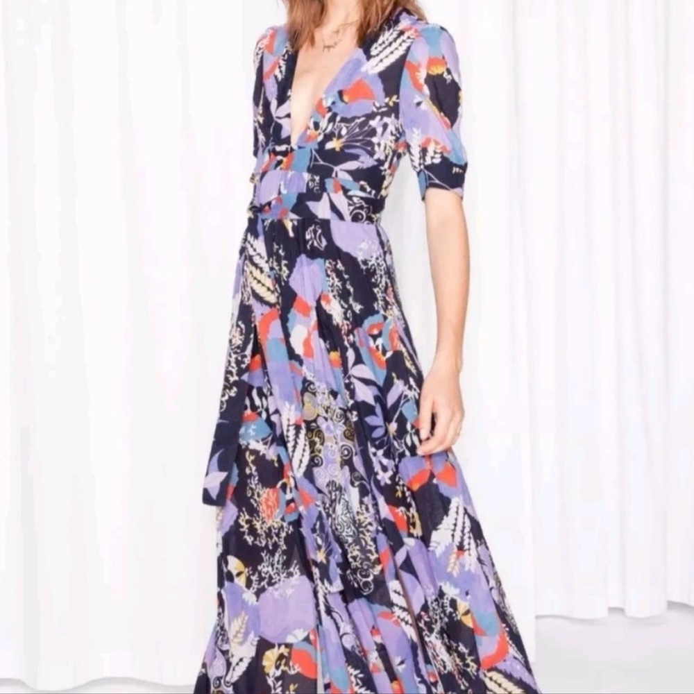 & Other Stories Multi-Print Deep V Short Sleeve Maxi Dress 4